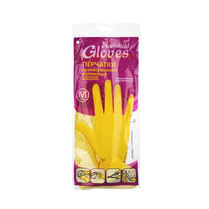 Перчатки Household Gloves, латексные хозяйственные с х/б, эластичн. желтые М