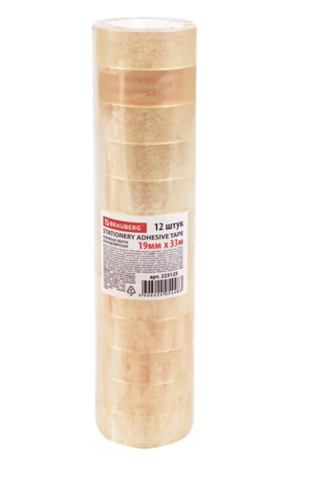 Клейкие ленты 19 мм х 33 м канцелярские BRAUBERG, комплект 12 шт., прозрачные, 223125