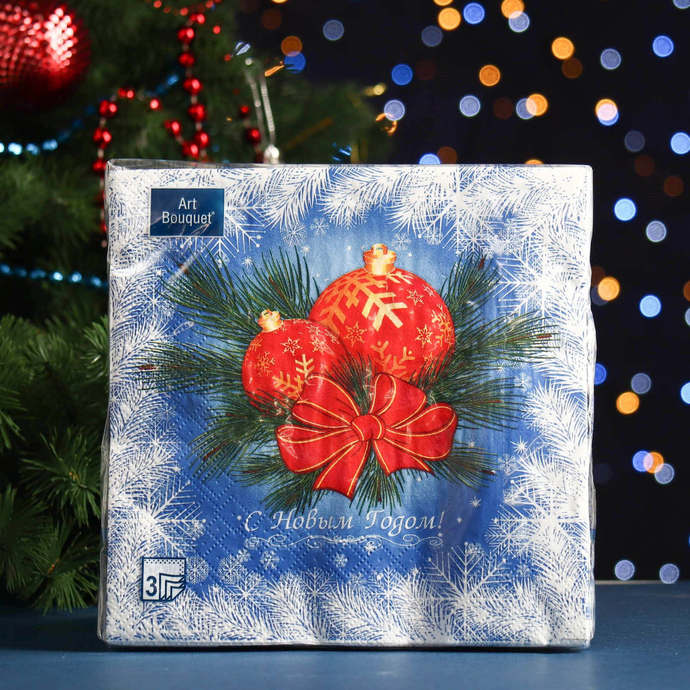 Салфетки Art Bouquet "Новогодние шары на синем" 33х33 ,3 слоя .20л /вл.12
