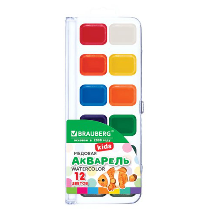 Краски акварельные BRAUBERG KIDS NEW, медовые, 12 цветов, квадратные кюветы, пластиковый пенал