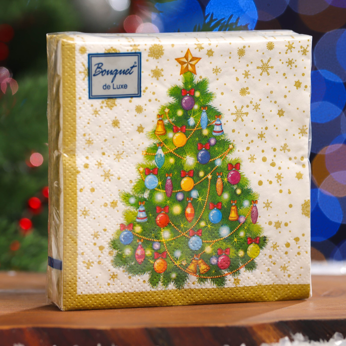 Салфетки бумажные декоративные Bouquet de Luxe 24х24 3 слоя 25л "НОВОГОДНЯЯ ЕЛЬ НА БЕЛОМ" /15