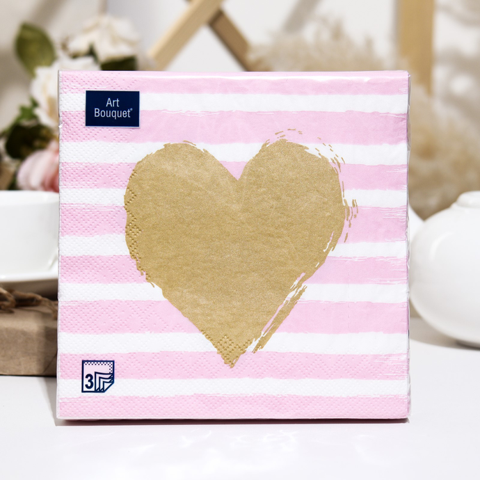 Салфетки Art Bouquet  "Золотое сердце на розовом" 33х33 , 3 слоя .20л/вл.12