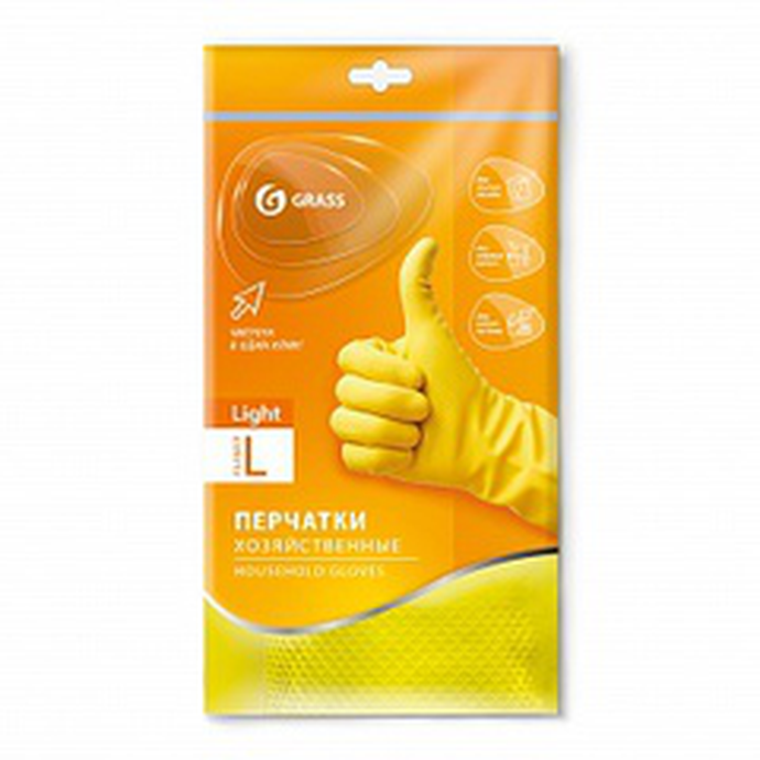 Перчатки хозяйственные латексные GRASS в инд.упаковке пара Light , Желтые Размер L