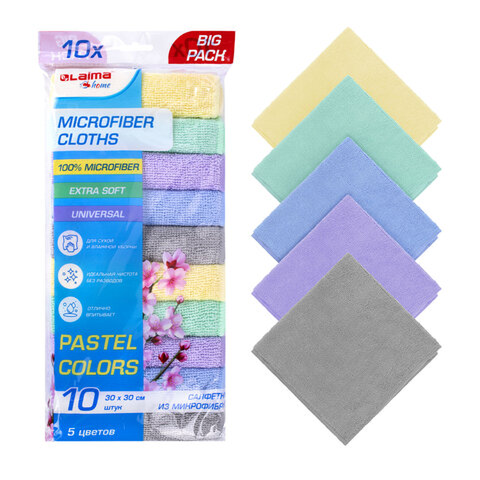 Салфетки из МИКРОФИБРЫ 30х30 см PASTEL COLOUR, big pack, КОМПЛЕКТ 10 штук, 180 г/м2, LAIMA HOME