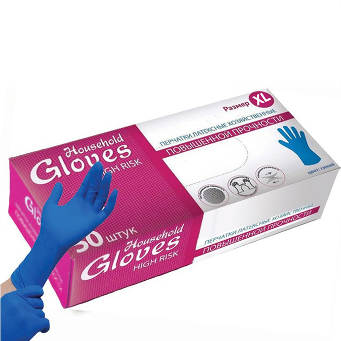 Перчатки Household Gloves, нитриловые текстурированные на пальцах, голубые, ХL 500/50