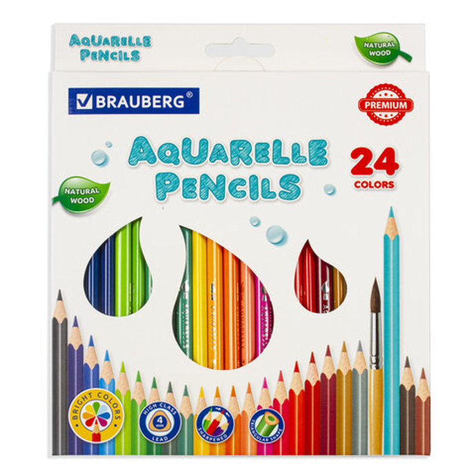 Карандаши цветные акварельные BRAUBERG PREMIUM AQUARELLE, 24 цвета, грифель мягк.4 мм