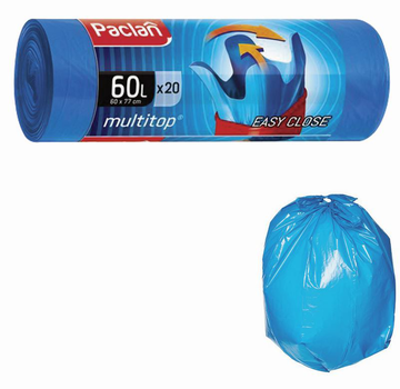 Мешки для мусора 60 л, с ушками, синие, в рулоне 20 шт., ПНД, 14 мкм, 60х77 см, PACLAN "Multitop"