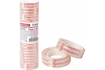 Клейкие ленты 12 мм х 10 м канцелярские BRAUBERG, комплект 12 шт., прозрачные, 223122
