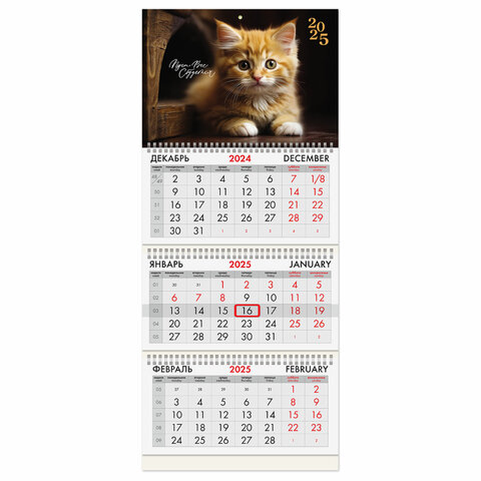 Календарь квартальный на 2025 г., 3 блока, 3 гребня, с бегунком, офсет, BRAUBERG, "Котенок"