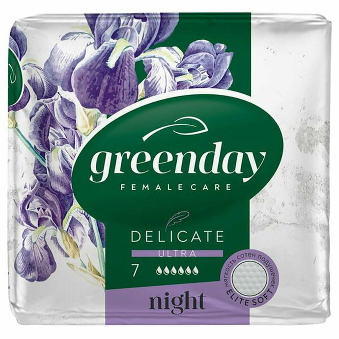 Прокладки женские  DELICATE  GREEN DAY 7 шт Ultra NIGHT Dry*20