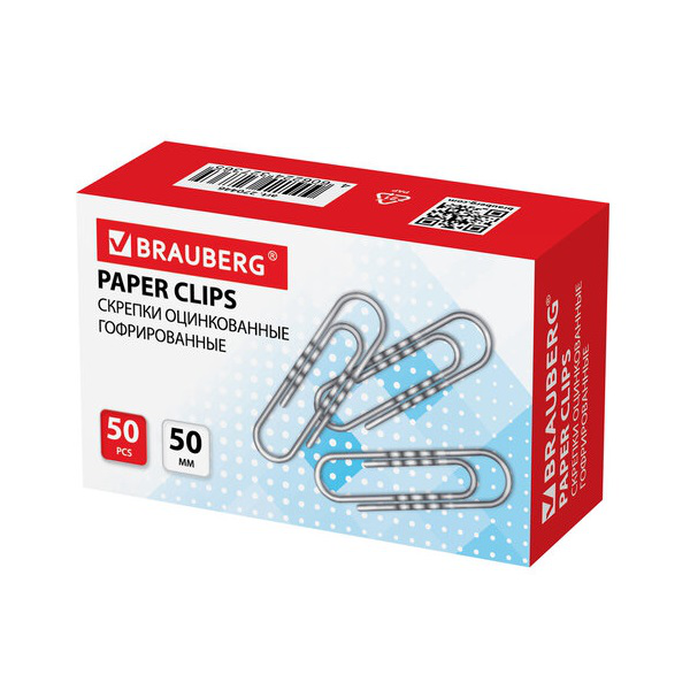 Скрепки большие 50 мм, BRAUBERG, оцинкованные, гофрированные, 50 шт., в картонной коробке