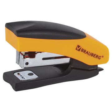 Степлер №10 МИНИ BRAUBERG "Soft", до 12 листов, с резиновой накладкой и антистеплером, черно-оранжев