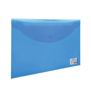 Папка-конверт с кнопкой BRAUBERG, А4, до 100 листов, прозрачная, синяя, 0,15 мм