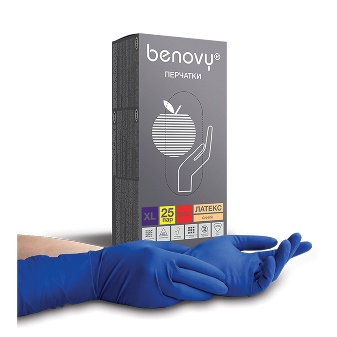 Перчатки медицинские диагн.одноразовые нестир.латексн.неопудрен. повыш.прочн.BENOVY ХL 25пар/250/25