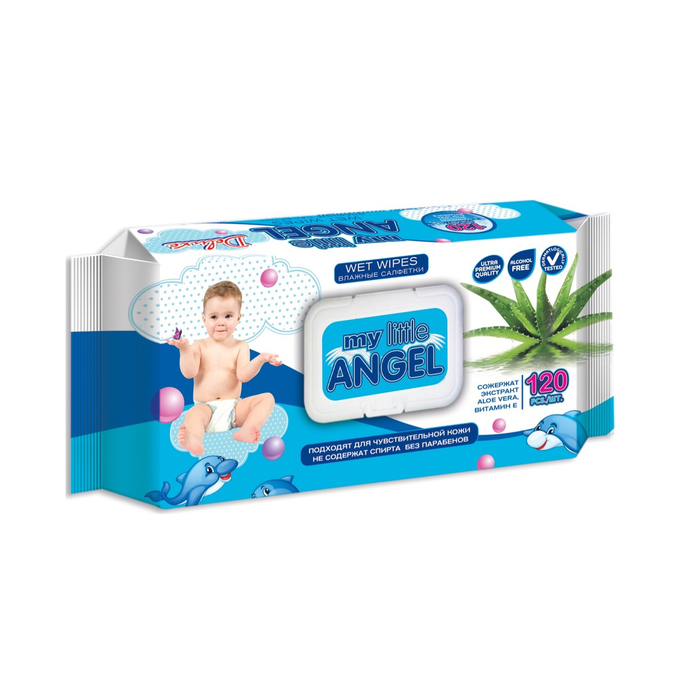 Влажные салфетки My Little Angel Алоэ Вера 120л./вл.16 с клапаном (голубая)