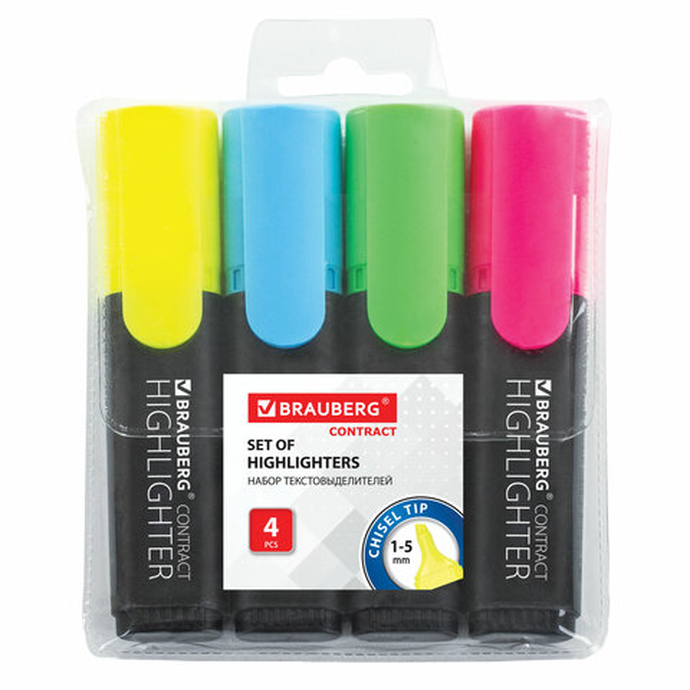 Набор текстовыделителей BRAUBERG 4 шт, АССОРТИ, линия 1-5 мм