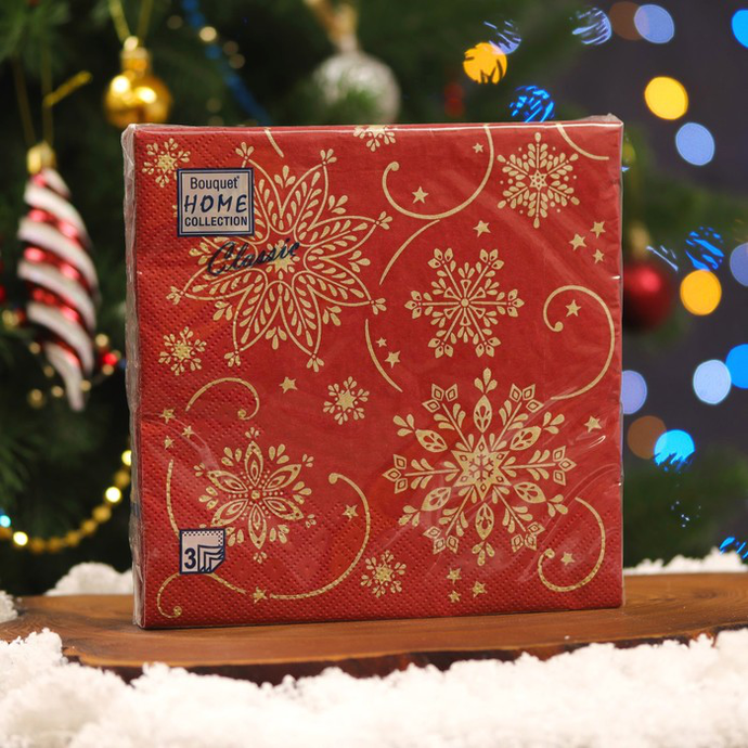Салфетки 20л, Bouquet Home Collection Classic, 3хсл., "Волшебные снежинки на бордовом"/12