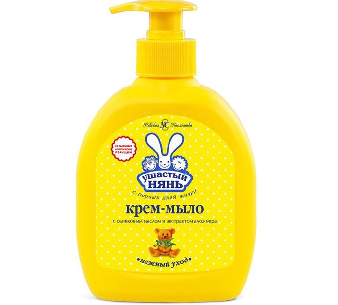 Мыло-крем жидкое 300 мл, УШАСТЫЙ НЯНЬ, гипоаллергенное, с оливковым маслом и алоэ, дозатор