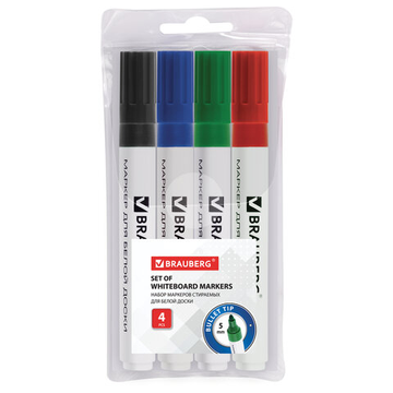 Маркеры для доски BRAUBERG Набор 4 шт, классич-е, круглый након. 5 мм